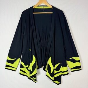 Abbie Mags‎ Large Cardigan Black Lime Womens Open Front Artsy Modern Abstract